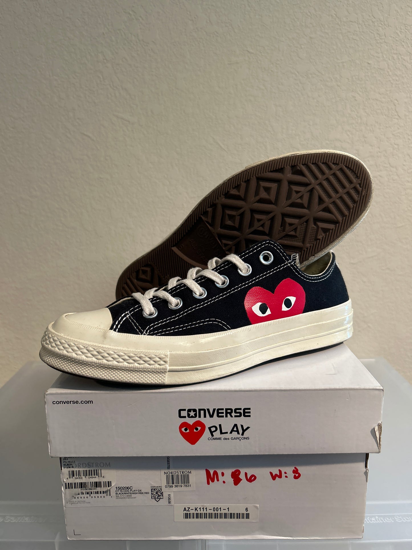 CDG Converse All Star Low Black Heart Size 6Y