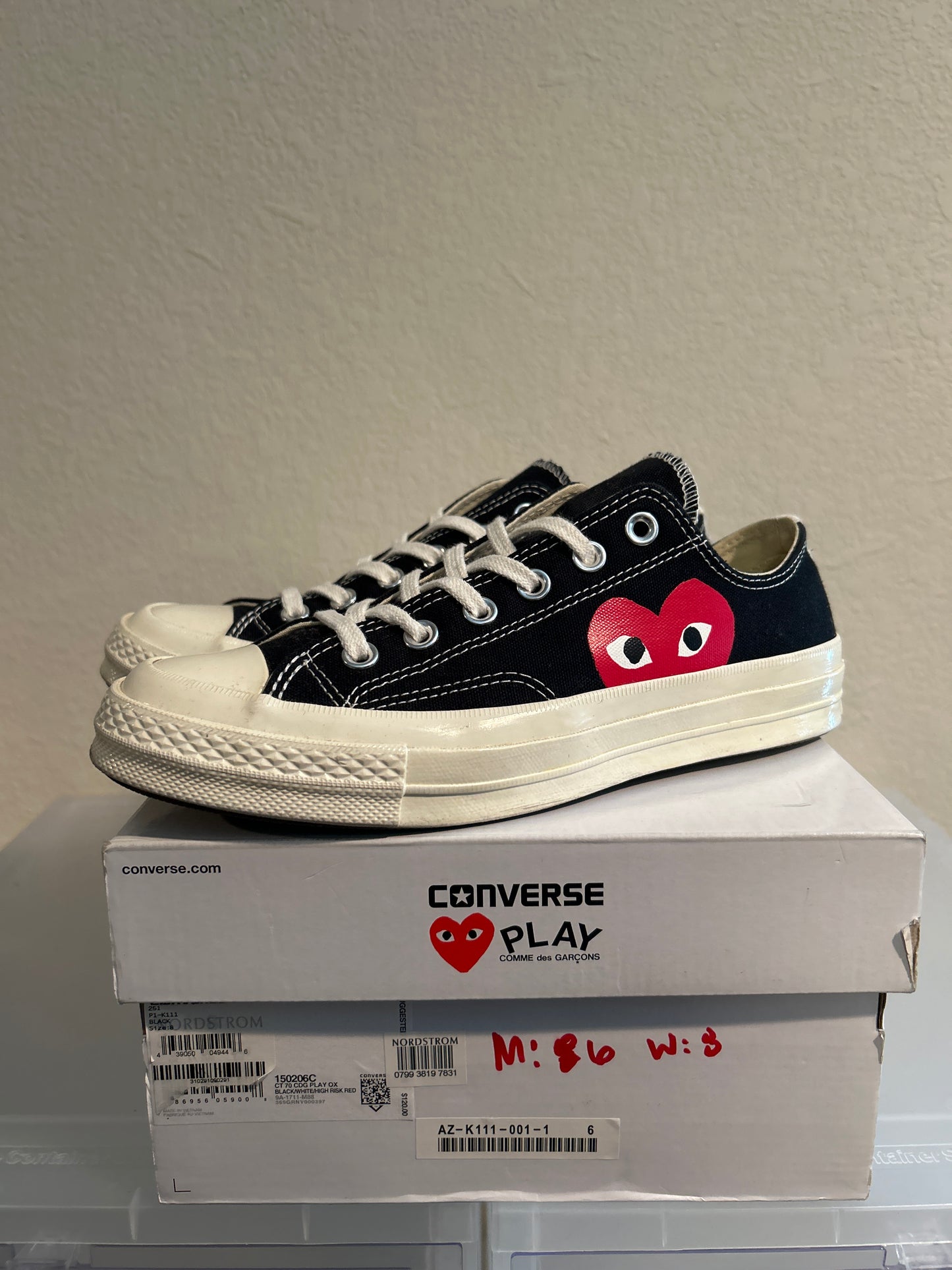 CDG Converse All Star Low Black Heart Size 6Y